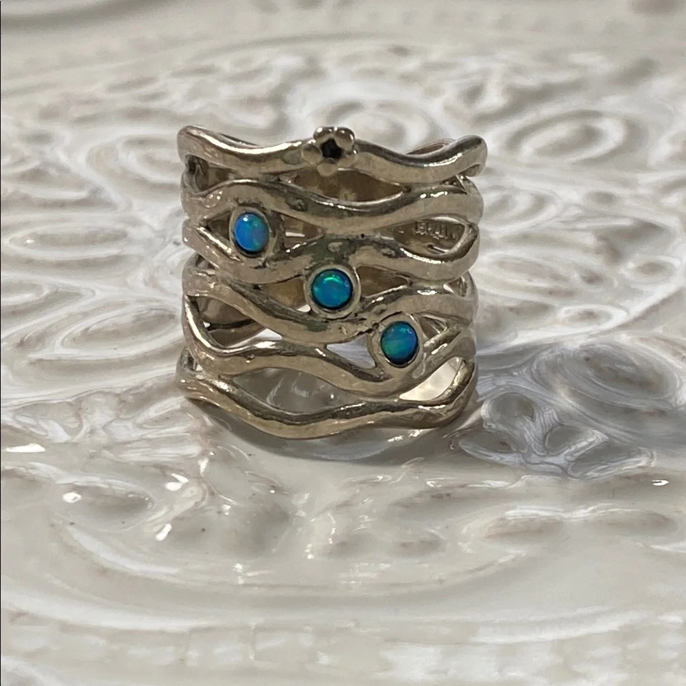 Vintage Israeli Sterling Silver Blue Fire Opal Wave Ring Size 6